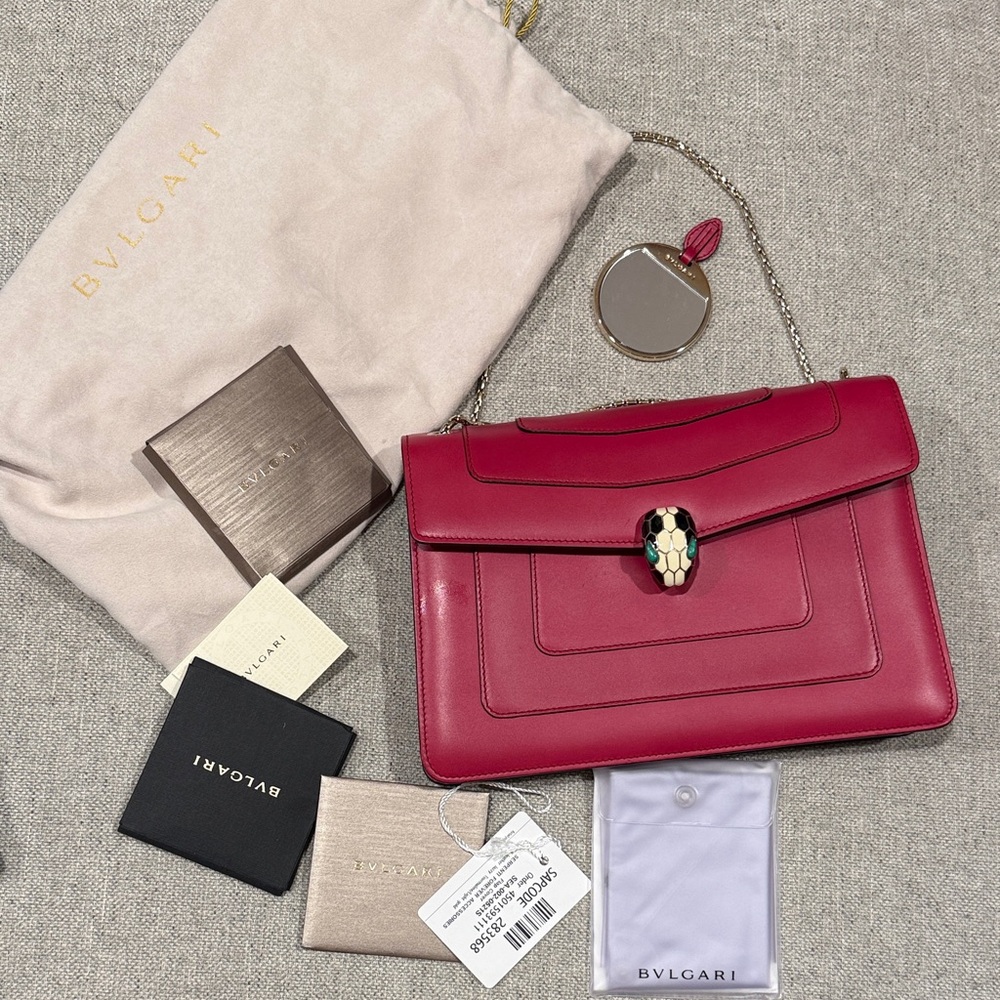 Bulgari Fuchsia Leather Serpenti Shoulder Bag with Enamel Snakehead